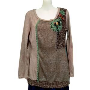 Farinelli  Boho Tunic Sweater, Attached Decoration, Beiges, Brown, Green, Sz M